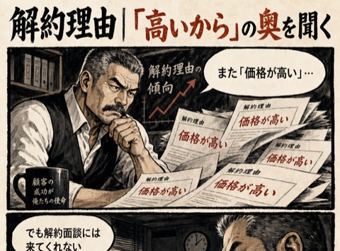 4コマ漫画「解約理由｜「高いから」の奥を聞く」— 解約の本音を、次の改善へ。