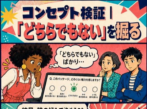 4コマ漫画「コンセプト検証｜「どちらでもない」を掘る」— 選ばれる理由まで、売る前に知る。