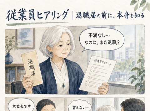 4コマ漫画「従業員ヒアリング｜退職届の前に、本音を知る」— 声なきSOSを、離職の前に。