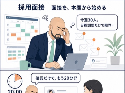 4コマ漫画「採用面接｜面接を、本題から始める」— AIは事前整理。採用判断は、人がする。
