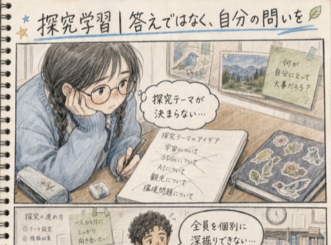 4コマ漫画「探究学習｜答えではなく、自分の問いを」— 生徒一人ひとりに、考える対話を。