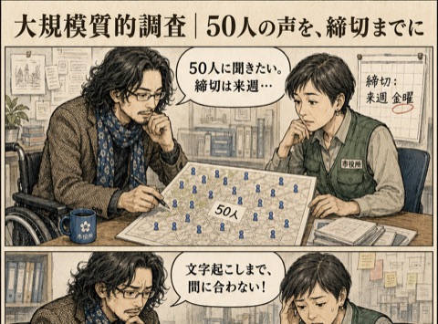 4コマ漫画「大規模質的調査｜50人の声を、締切までに」— 規模を諦めない、質的調査へ。