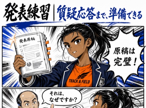 4コマ漫画「発表練習｜質疑応答まで、準備できる」— 読み上げ練習から、対話の練習へ。