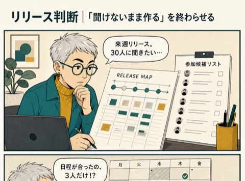 4コマ漫画「リリース判断｜「聞けないまま作る」を終わらせる」— 勘ではなく、顧客の声で決める。